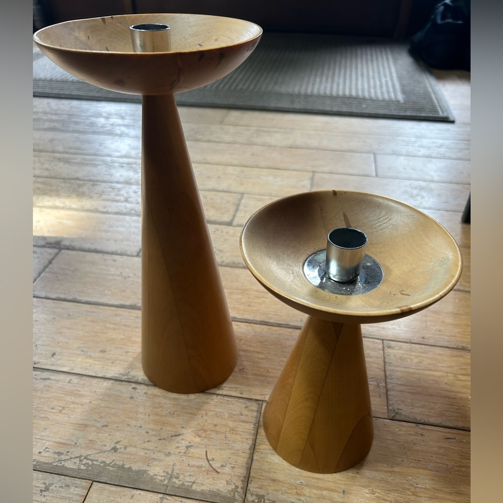 Vtg IKEA Pair Of 2 Tall Scandanavian Turned Wood Candlesticks Holders MCM 11”